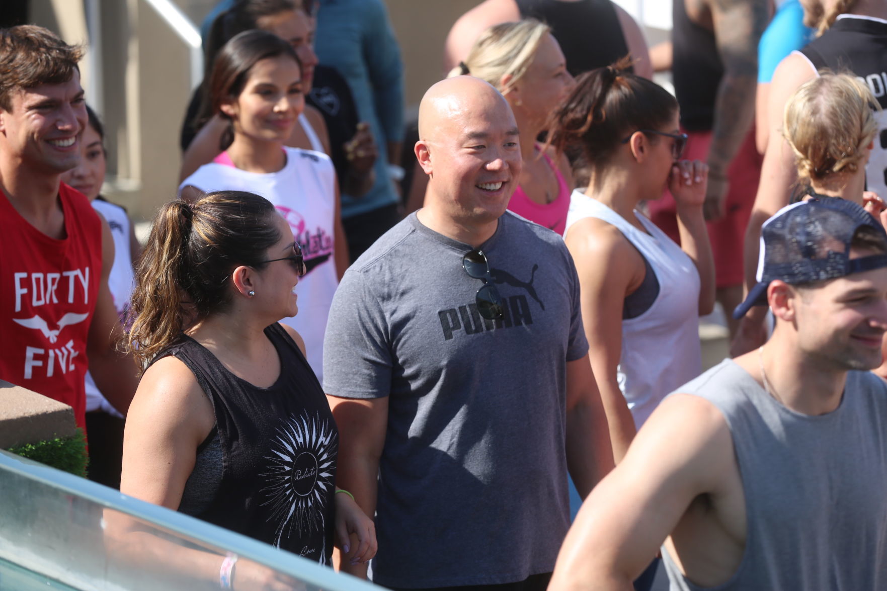 Actor Mark Wahlberg helps to lead a F45 track workout at Ocean Casino Resort in Atlantic City as part of the casino's one-year anniversary Saturday, June 22, 2019.